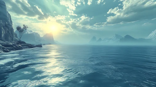 Sunlit mist over tranquil mountain fjord seascape panorama.