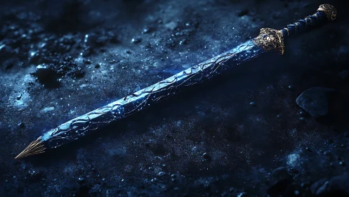 Moonlit crystal sword resting on a quiet frozen path.