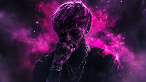 Tattooed figure in neon pink cosmic smoke portrait.