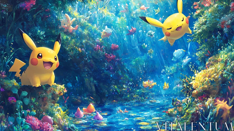 Pikachu frolics through luminous fantasy jungle streamscape.