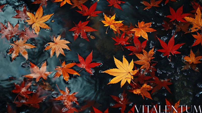 Firebright maple leaves drifting across a twilight stream.