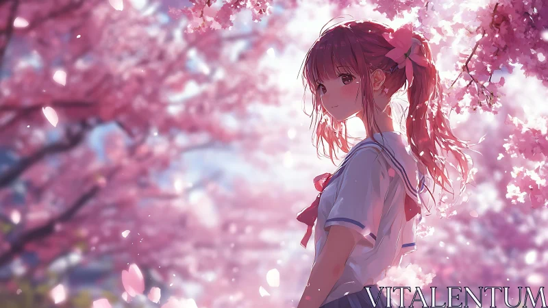 Soft spring light surrounds a schoolgirl under pink blossoms