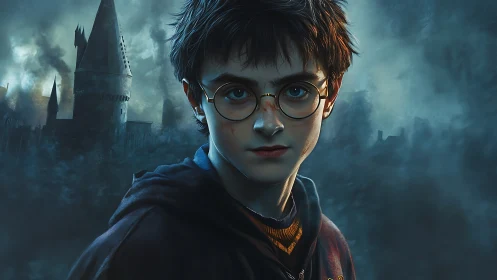 Stormlit young wizard steadies his gaze before looming towers