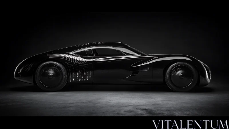 Streamlined black concept coupe in side profile view.