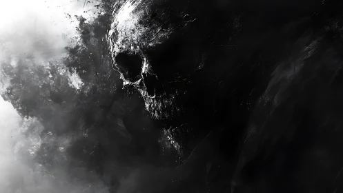 Eroded voidborn skull emerging from swirling shadowstorm.