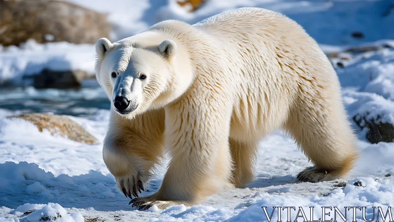 Polar bear striding through Arctic snow under crisp daylight.