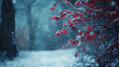 Red winter leaves catch soft snowfall in blurred forest path