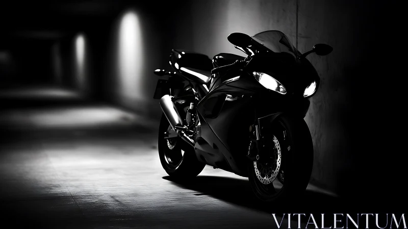 Photorealistic sport motorcycle in dramatic tunnel chiaroscuro.