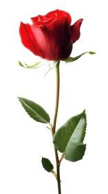 Single Red Rose with Green Stem and Leaves Against White