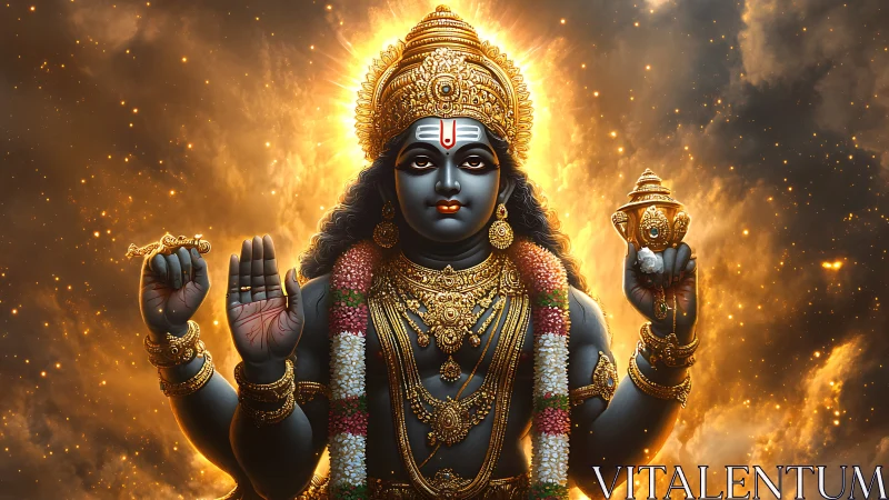Divine blue deity framed by radiant cosmic gold aura.