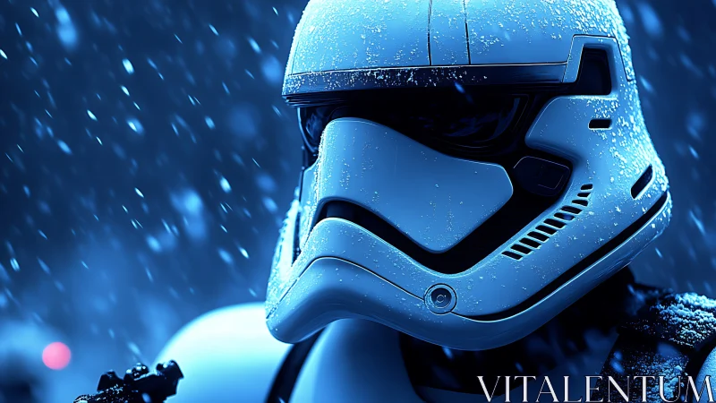 Helmeted armored figure stands in snowfall under blue light