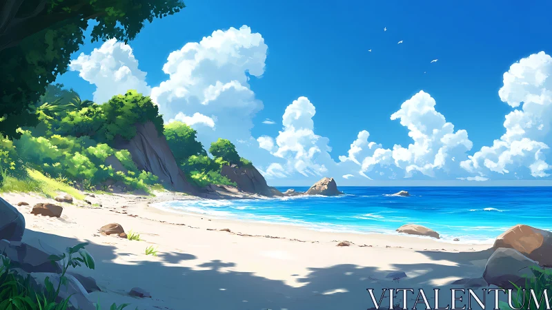 Tropical Coastal Cove: Seascape Digital Rendering with Atmospheric Depth.