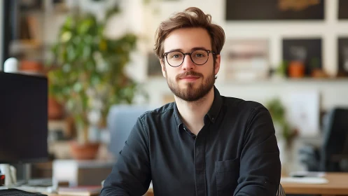 Young professional in modern office workspace portrait.