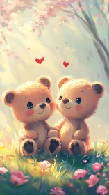 Two Anthropomorphic Teddy Bears in Luminous Garden Setting with Floating Hearts