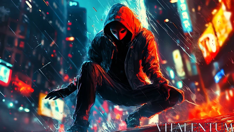 Hooded vigilante crouches in neon rain-soaked city street.
