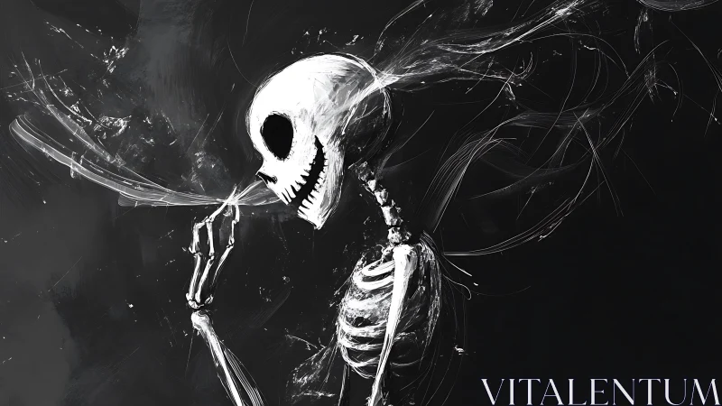 Smoke and skeleton in a playful monochrome swirl.
