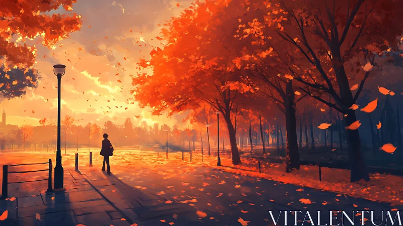 Solitary figure crossing a sunlit boulevard in vivid autumn.