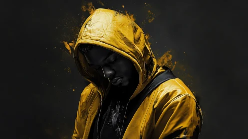 Hooded figure in yellow jacket against dark abstract field.