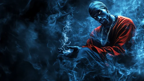 Mystic hooded figure conjures blue smoke in dramatic glow.