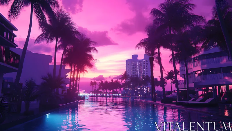 Palm-lined hotel pool under neon pink sunset sky.
