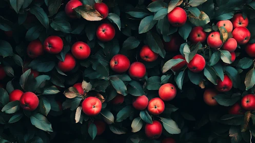 Ruby apples rest gently among deep, shadowed green leaves