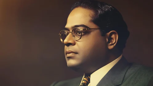 Formal portrait of suited man with glasses in profile view.