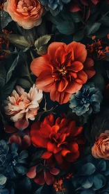 Floral arrangement with layered blooms against dark background.