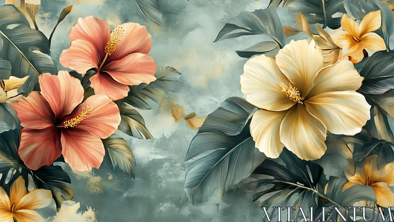 Tropical Hibiscus Blooms on Textured Watercolor Background.