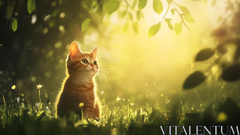 Ginger kitten sitting in soft sunlight under green leaves.