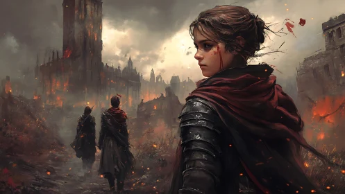 Scarred heroine stalks through embers of a fallen citadel.