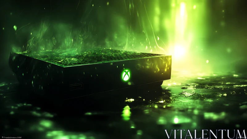 Luminous gaming console in eerie neon vapor glowscape.