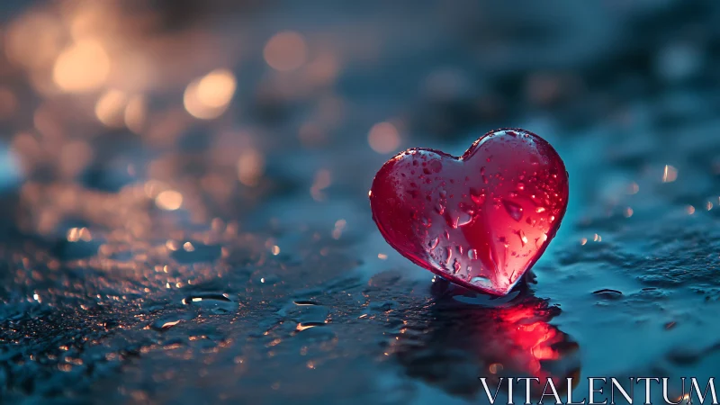 A Glowing Red Heart Rests on Wet Surface