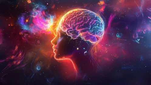 Neon mindscape silhouette dreaming through a cosmic aurora.