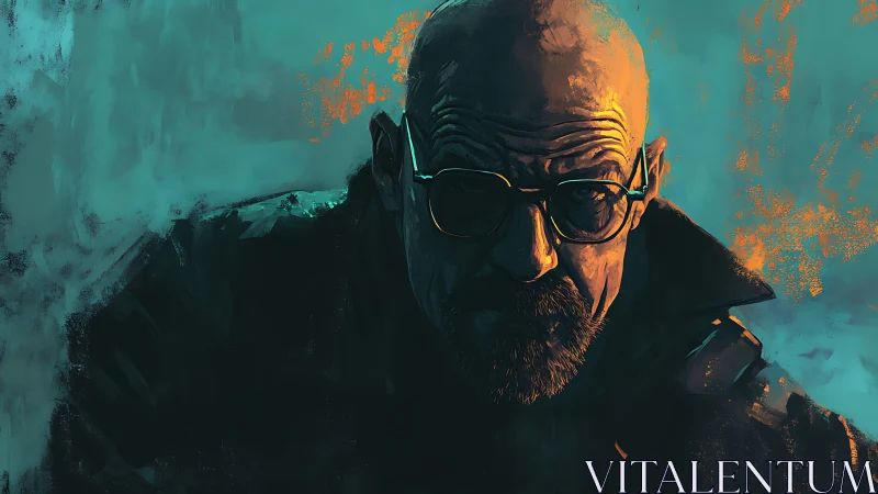 Brooding bald figure in teal and ember contrast portrait