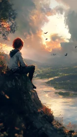 Quiet cliffside dreaming under a wild painted sunset sky.