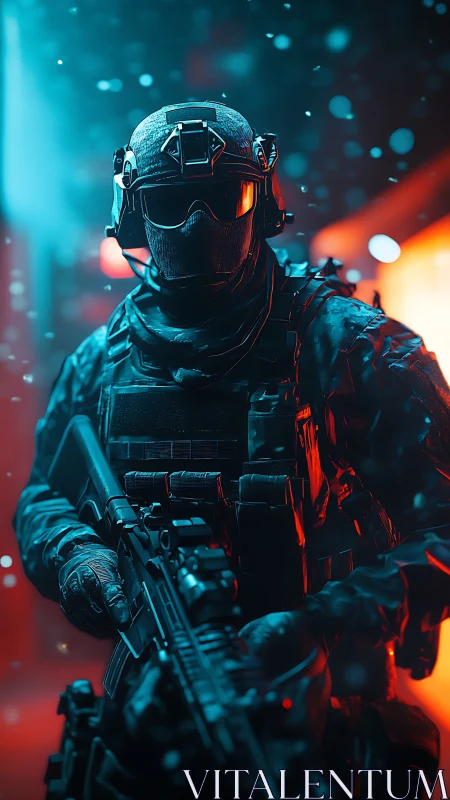 Heavily armed futuristic soldier in neon combat scene.