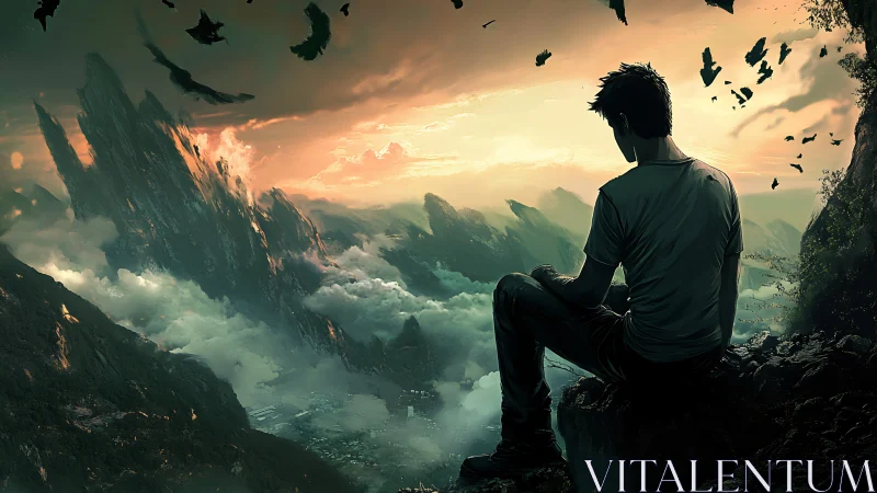 Solitary dreamer studies storm-carved mountains of cloudfire