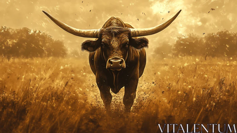 Longhorn bull advancing through golden field landscape.