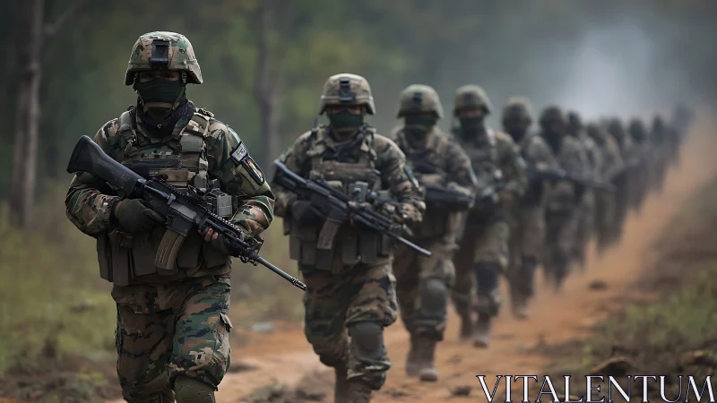 Armed soldiers in camouflage gear march in forest terrain.