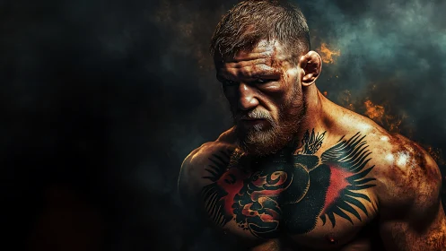 Tattooed fighter emerges from burning cinematic smoke.
