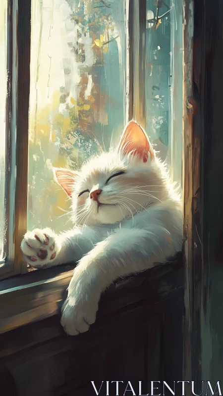 Serene White Cat Basking in Warm Afternoon Window Light