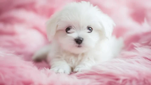High key portrait of white toy puppy on pink faux fur