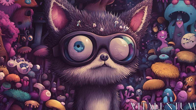 Goggle-eyed cryptid fox in bioluminescent fungal labyrinth.