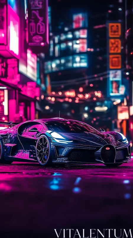 Neon-lit hypercar prowls a cyberpunk city street at night