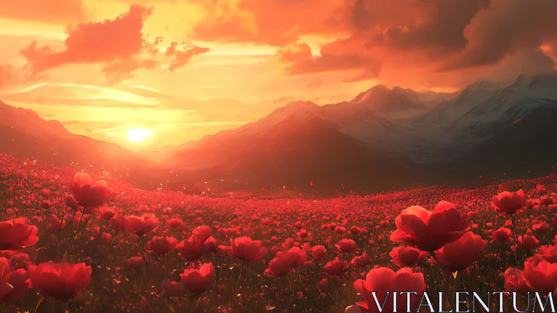 Sunset over wide red flower field and distant mountains.