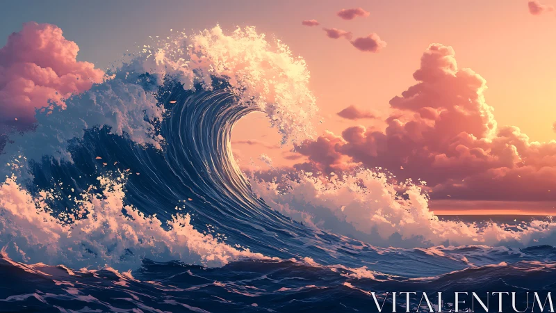 Sunlit ocean wave curls beneath glowing pastel clouds.