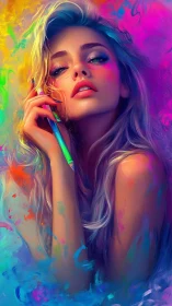 Color-soaked digital portrait of woman holding paintbrush.