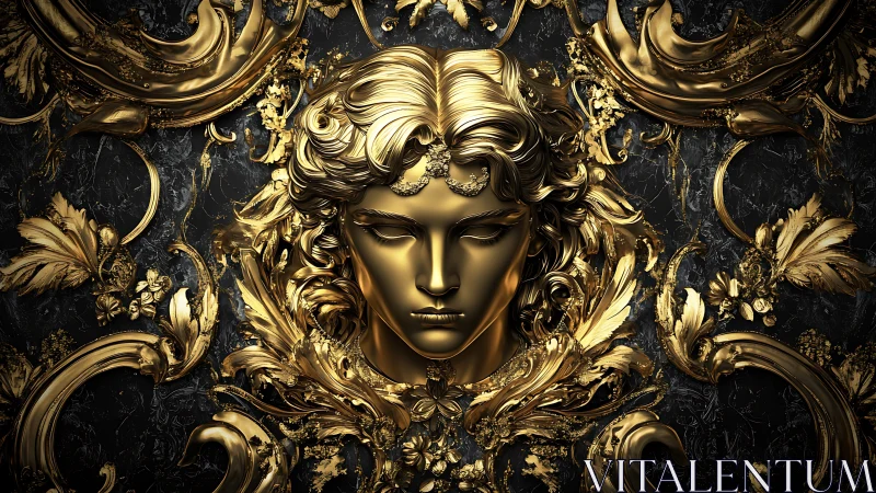 Baroque gilded visage in ornate symmetrical relief composition.