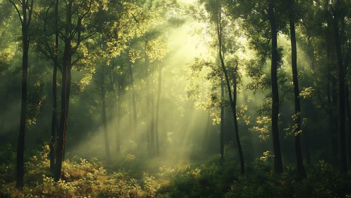 Forest pathway with diffuse sunlight through tall trees.