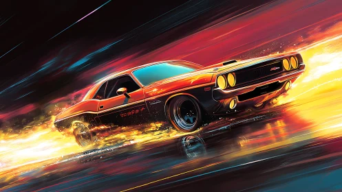 Classic muscle car erupts into neon flame on wet highway